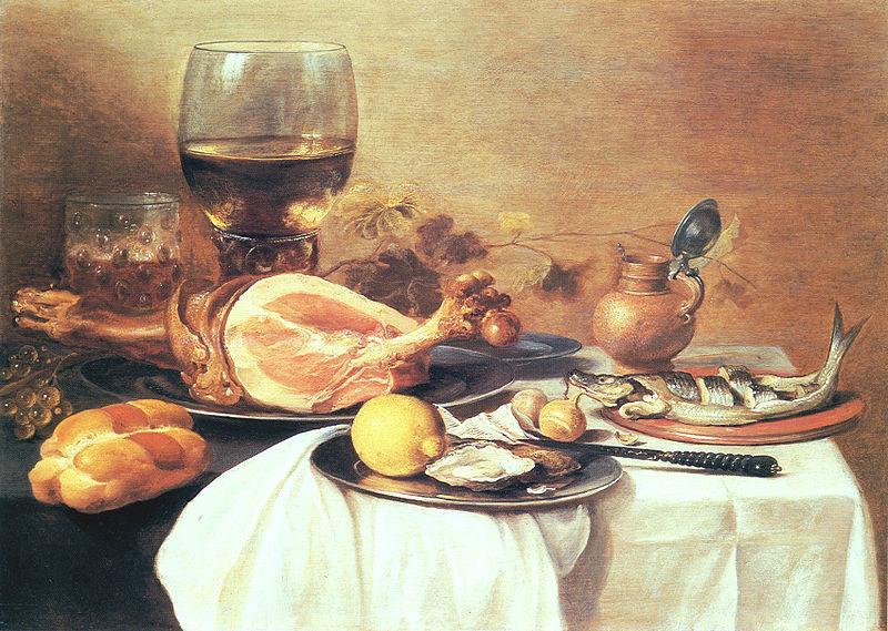 Pieter Claesz A ham a herring oysters a lemon bread onions grapes oil painting image